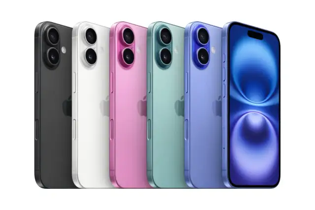 Porównanie modeli iPhone: czarny, biały, różowy, zielony i fioletowy iPhone obok siebie, z niebieskim iPhone'em z przodu.