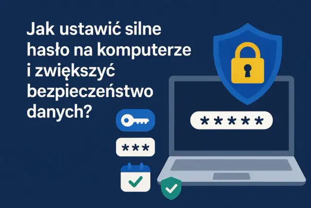 Jak ustawić hasło na komputerze? Ilustracja pokazuje laptop z polem hasła, ikonę klucza, gwiazdki i symbol tarczy z kłódką.