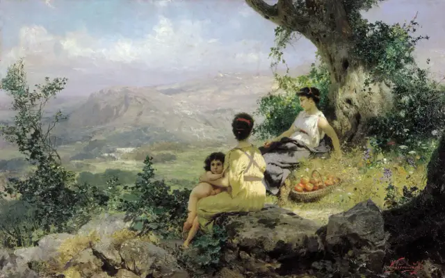 Laura i Filon odpoczywają pod drzewem, podziwiając krajobraz. Dziecko przytula się do matki, a obok koszyk z jabłkami.