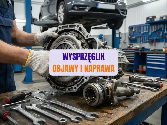 Mechanik trzyma sprzęgło, obok leżą narzędzia. Na tablicy widnieje napis "Wysprzęglik objawy i naprawa".