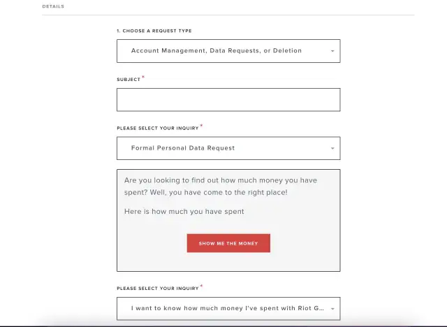 Formularz z opcjami wyboru typu zgłoszenia, pola na temat i zapytanie, z przyciskiem "SHOW ME THE MONEY".