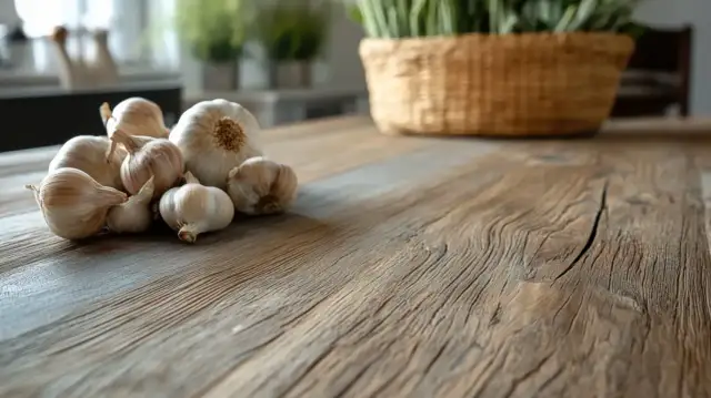 Główki czosnku na drewnianym stole. Czy czosnek szkodzi na wątrobę? Warto to sprawdzić, zanim dodasz go do potraw.