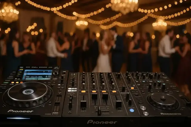 DJ-ski sprzęt na pierwszym planie, w tle rozmyci goście weselni tańczący przy świetle lampek.