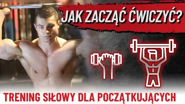 Jak zacząć ćwiczyć? Siłownia plan treningowy dla początkujących. Młody mężczyzna z sztangą, ikony ćwiczeń.