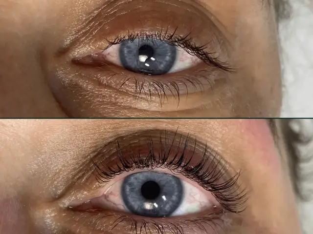Przed i po laminacji rzęs: porównanie efektów na oku.