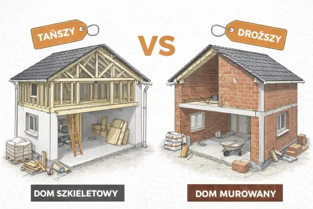 Porównanie: dom szkieletowy (tańszy) vs. dom murowany (droższy). Ilustracja pokazuje przekroje obu budynków.