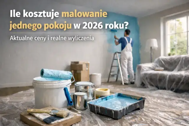 Malowanie pokoju: wałki, pędzle, farba i mężczyzna na drabinie malujący ścianę.