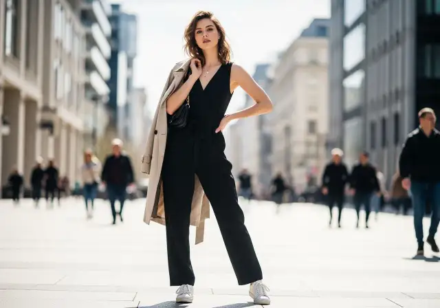 Elegancka kobieta w czarnym kombinezonie i beżowym płaszczu na ramieniu. Idealna stylizacja, która odpowiada na pytanie: jaka marynarka do czarnego kombinezonu?