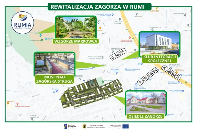 Mapa pokazuje rewitalizację Zagórza w Rumi. Znajduje się tu Wzgórze Markowca, Most nad Zagórską Strugą i Osiedle Zagórze.