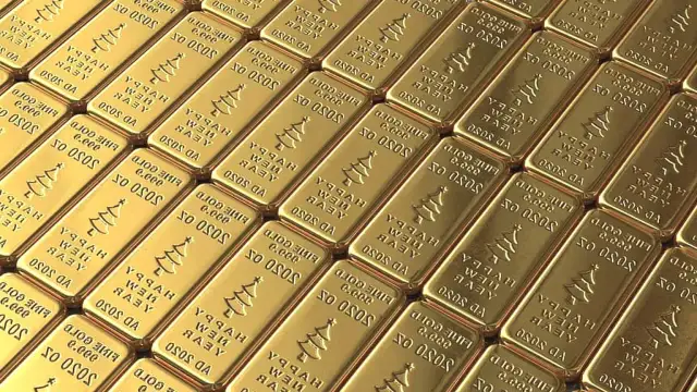 Złote sztabki z choinką i napisem "Happy New Year 2020".