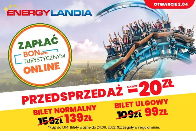 Rollercoaster w Energylandii z napisem "Zapłać bonem turystycznym online" i cenami biletów.