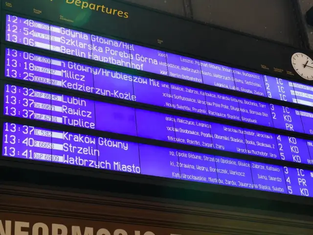 Tablica odjazdów Wrocław Główny pokazuje pociągi do Gdyni, Berlina, Lubina, Rawicza, Tuplic, Krakowa, Strzelina i Wałbrzycha.