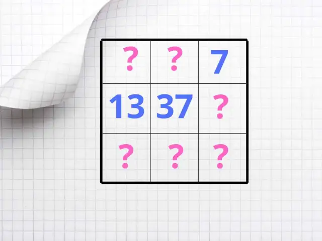 Siatka z cyframi i znakami zapytania. Rozwiąż zagadkę brakującego kwadratu, odgadując brakujące liczby.