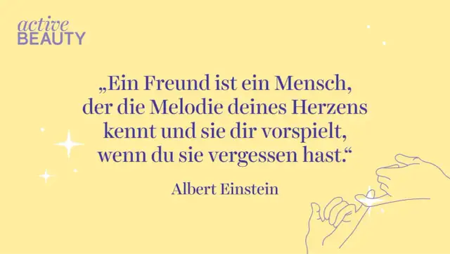 Ein Zitat von Albert Einstein über Freundschaft mit Illustration von zwei Fingern, die sich berühren.