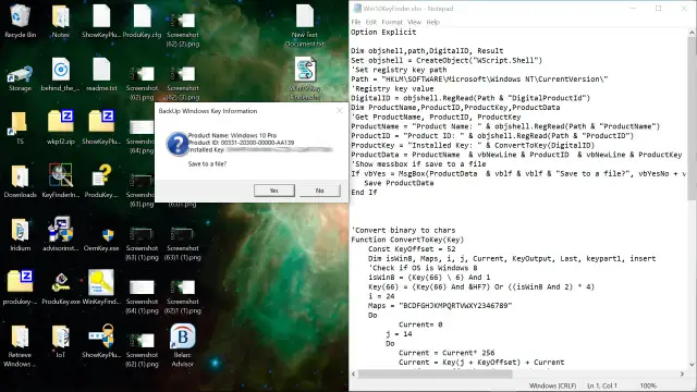 Jak sprawdzić klucz Windows 10? Na pulpicie widać okno "BackUp Windows Key Information" z nazwą produktu i identyfikatorem.