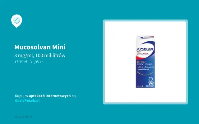 Opakowanie syropu Mucosolvan Mini dla dzieci, z informacją o smaku owoców leśnych.