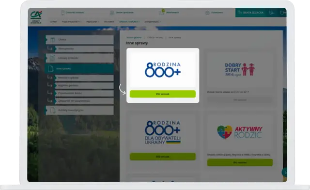 Okno dialogowe z logo "Rodzina 800+" i przyciskiem "Złóż wniosek".
