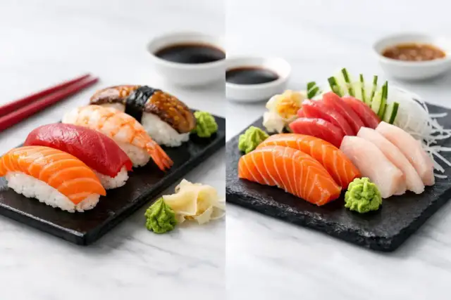 Dwa talerze z różnorodnym sushi i sashimi: łosoś, tuńczyk, krewetka, węgorz, biała ryba. Podane z wasabi i imbirem.