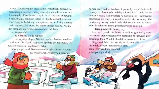 Ilustracja przedstawia ludzi budujących zagrodę z lodu dla pingwinów.