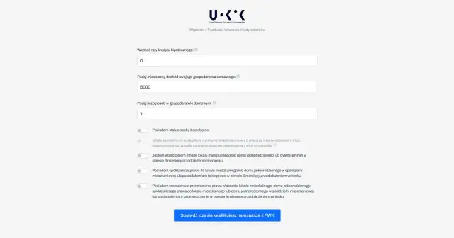 Formularz z polami do wpisania raty kredytu, dochodu, liczby osób oraz opcjami do zaznaczenia.