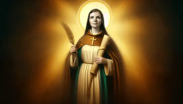 Święta Emilia w habicie z gałązką i zwojem, otoczona złotym blaskiem.