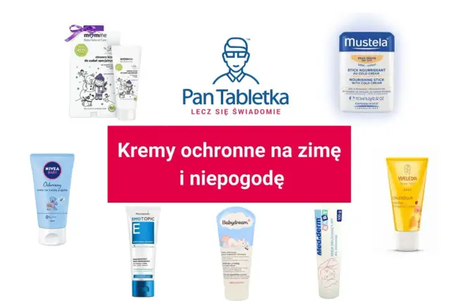 Krem do twarzy na narty i zimę chroni delikatną skórę dziecka przed mrozem i wiatrem. Różne marki, np. Mustela, Nivea Baby, Weleda.