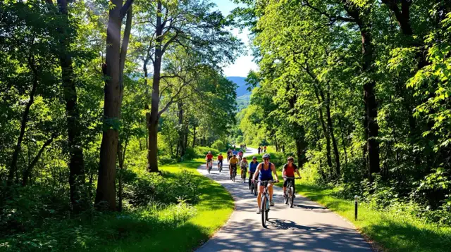 Grupa rowerzystów przemierza malownicze **Ciechocinek trasy rowerowe** wśród zielonych drzew.