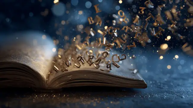 Z otwartej księgi wylatują złote litery, tworząc magiczne cytaty z książek.