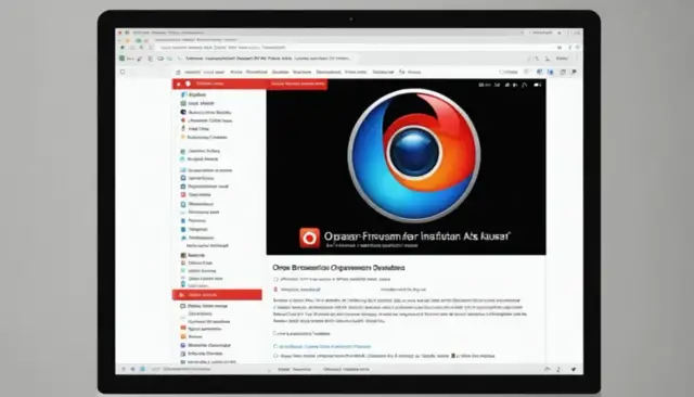 Instrukcja jak zainstalować przeglądarkę. Na ekranie laptopa widoczny jest interfejs przeglądarki z logo Firefox i tekstem.