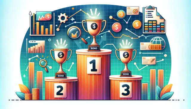 Trzy puchary na podium symbolizują sukces funduszy obligacji. Wykresy i monety sugerują wzrost wartości.