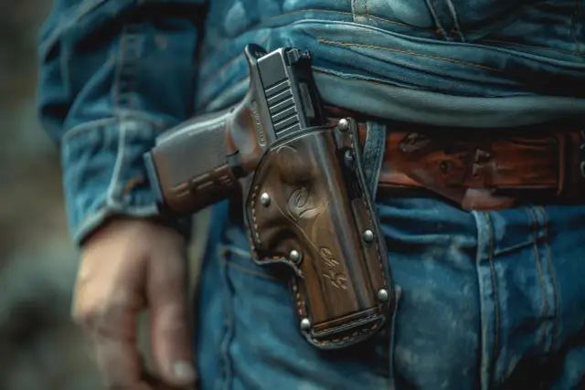 Pistolet w skórzanej kaburze na pasie, na tle dżinsów.