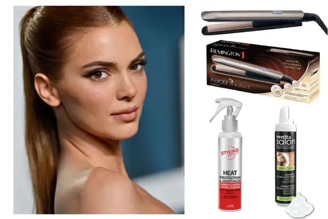 Modelka z niskim kucykiem i kosmetyki do stylizacji włosów: prostownica, spray i pianka.