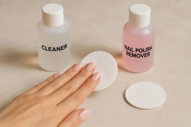 Dłoń z paznokciami w pastelowym kolorze obok buteleczek z napisem "CLEANER" i "NAIL POLISH REMOVER". Czy bazę trzeba przemywać cleanerem?