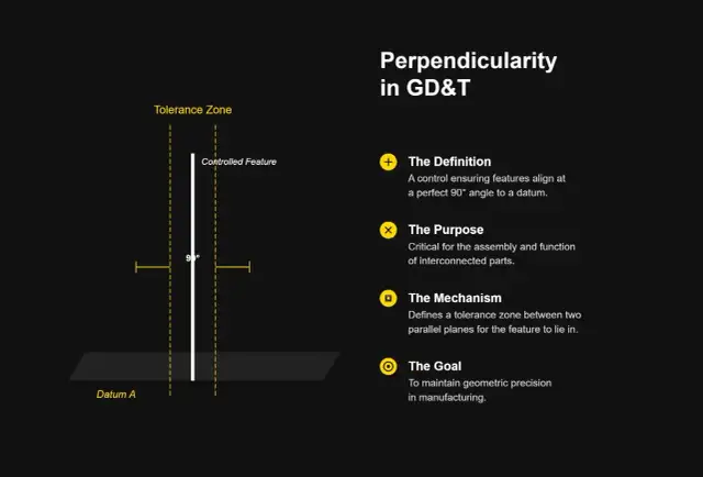 Ilustracja przedstawia definicję, cel i mechanizm tolerancji prostopadłości w GD&T, z diagramem pokazującym kontrolowaną cechę pod kątem 90° do Datum A.
