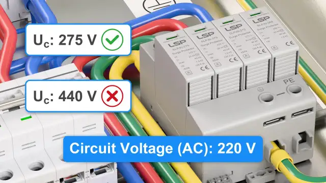 Poprawna kontrolka faz jak podłączyć: Uc 275 V (zielony) jest OK, 440 V (czerwony) jest błędem. Napięcie obwodu 220 V.