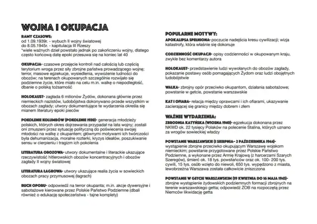 Literatura wojny i okupacji: definicje terminów, motywy i wydarzenia II wojny światowej, w tym Holokaust i powstania.