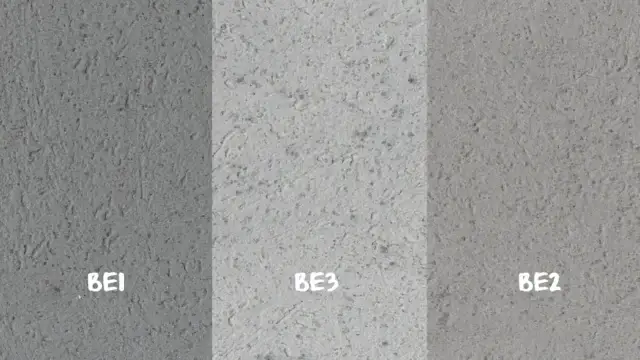Trzy próbki betonu dekoracyjnego: BE1, BE3, BE2. Dowiedz się, jak zrobić beton dekoracyjny samemu, by uzyskać taki efekt.