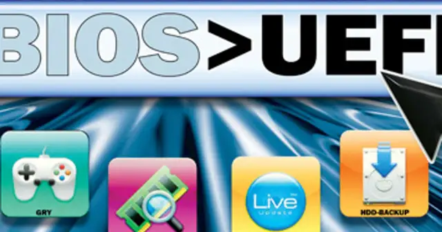 BIOS > UEFI. Ikony: gry, pamięć RAM, Live Update, HDD-Backup. Dowiedz się, uefi co to jest i dlaczego zastępuje BIOS.