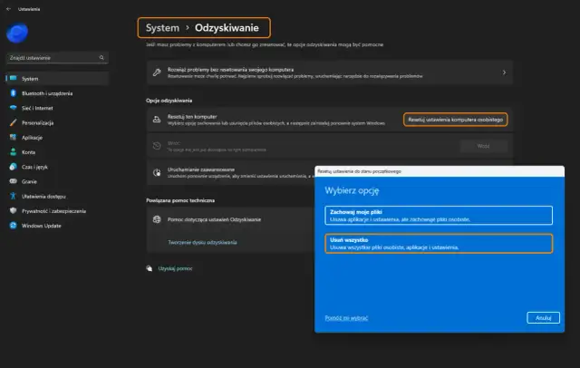 Panel sterowania Windows 11: opcje odzyskiwania, resetowanie komputera. Wybierz "Usuń wszystko" lub "Zachowaj moje pliki".