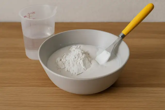 Mieszanie proszku gipsowego z wodą w misce, przygotowanie do tego, jak rozrobić gips ceramiczny. Obok stoi miarka z wodą.