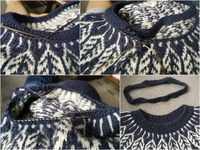 Zbliżenia na dzierganie plis na swetrze, w tym gotowy element.
