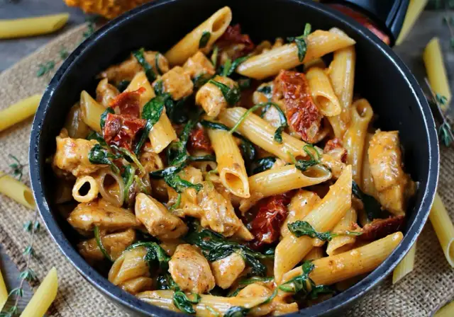 Penne z suszonymi pomidorami i kurczakiem - szybki przepis na obiad