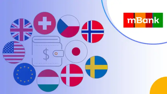 Jak wpłacić euro na konto walutowe mBank? Grafika przedstawia portfel z symbolem dolara otoczony flagami różnych krajów, sugerując międzynarodowe transakcje.