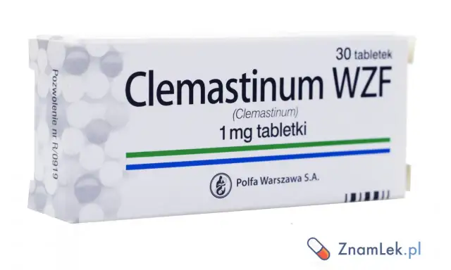 Opakowanie leku Clemastinum WZF 1 mg tabletki, stosowanego na alergie. 30 tabletek.