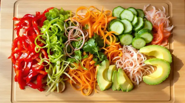 Kolorowe warzywa do sushi: papryka, ogórek, marchewka, awokado, cebula i kiełki. Idealne składniki do przygotowania pysznych rolek.