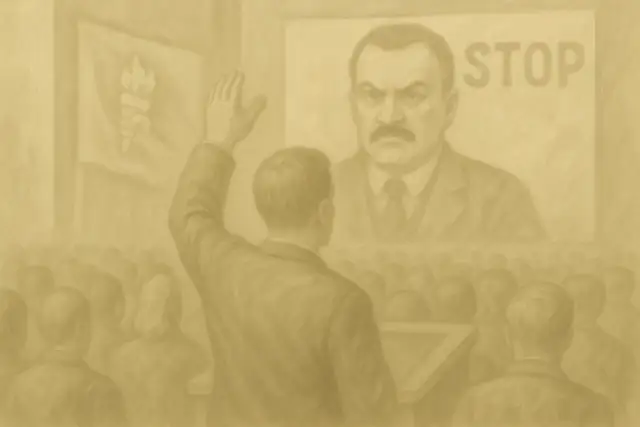 Mężczyzna z podniesioną ręką przed tłumem i portretem surowego przywódcy z napisem "STOP".