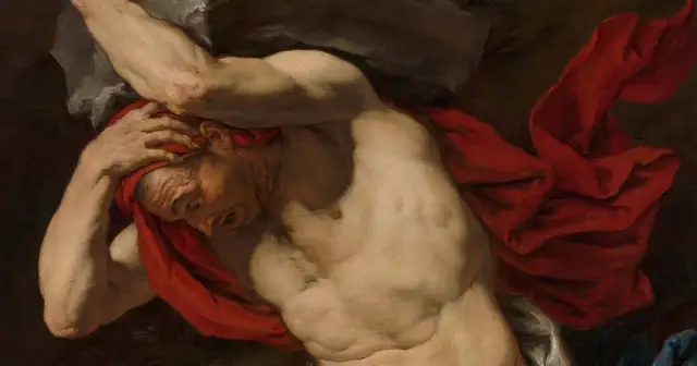 Męczy się Syzyf, próbując wtoczyć głaz. To streszczenie mitu o Syzyfie, ukazujące jego wieczną karę.