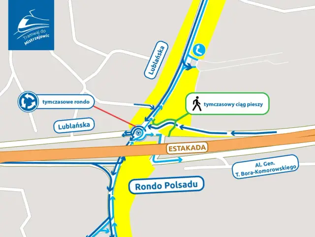 Mapa tymczasowych objazdów w Krakowie: rondo, estakada, tymczasowy ciąg pieszy. Aktualne remonty dróg w Krakowie wpływają na ruch.