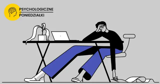 Zrezygnowany człowiek przy biurku z laptopem, szukający sposobu, jak przestać prokrastynować.