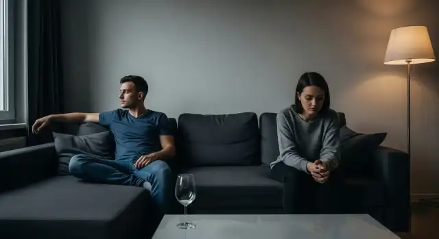 Para siedzi na kanapie w milczeniu, oddzielona pustką. Widać wyraźny stashing w związku, brak komunikacji i emocjonalne oddalenie.